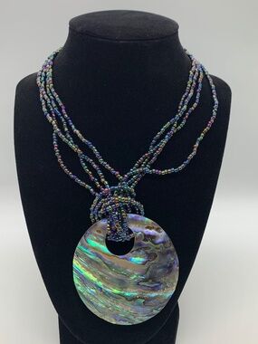 Paua Abalone Shell Mosaic Rainbow Iridescent Seed Beads Pendant Necklace